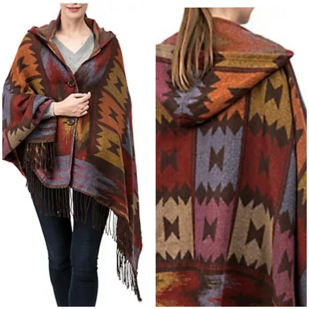 Southwestern Boho Tribal Poncho Cardi Hoodie One Size